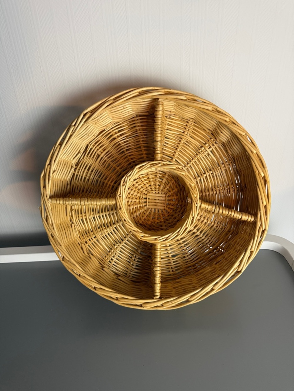 Handwoven Natural Brown Wicker Serving Tray with Center Bowl 13”